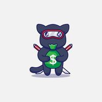 söt ninja katt bär påse med pengar vektor
