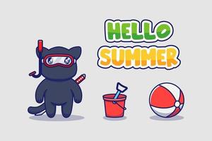 söt ninja katt med hej sommar hälsning banner vektor