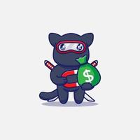 süße Ninja-Katze bekommt eine Tüte Geld mit einem Magneten vektor