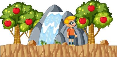 ein Junge-Cartoon-Charakter, der Äpfel sammelt vektor