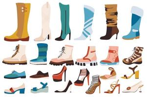 Schuhe und Stiefel isolierte Elemente eingestellt. Kollektion von Damen und Herren verschiedene Arten von Schuhen mit Plateau, Absätzen oder Schnürung. Kompositionen für Schuhgeschäft. Vektor-Illustration im flachen Cartoon-Design
