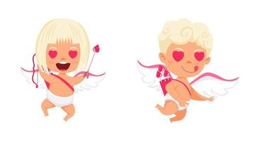 glückliche süße Amorfiguren mit Flügeln und springenden fliegenden Posen mit Pfeil mit fröhlichem Ausdruck einzeln auf weißem Hintergrund vektor