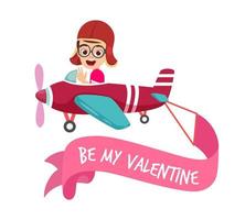 glücklicher süßer Kinderjunge, der mit Flugzeug mit Valentinsgrußfahnenplakat mit Valentinsgrußtext auf weißem Hintergrund fliegt vektor