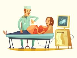 Schwangerschafts-Ultraschall-Siebung-Retro- Karikatur-Illustration vektor