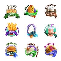 Fastfood-Karikatur-bunte Embleme eingestellt