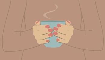 blå kopp varmt te i kvinnliga händer på en ljusbrun bakgrund vektor