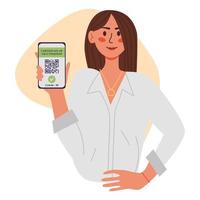 vaccinationscertifikat vektor platt illustration unga kvinnor visar smartphone med vaccin qr-kod i mobilapp