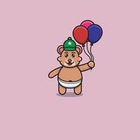 söt babybjörn ta med ballonger. karaktär, logotyp, ikon, tecknad film och inspirationsdesign. vektor
