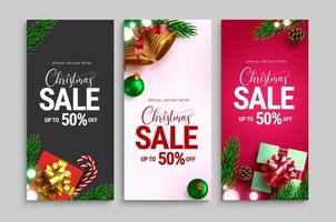 jul försäljning vektor affisch set. julrea semester erbjudandetext med kampanjrabatt för xmas säsongsbetonad shopping annons banner samling. vektor illustration.