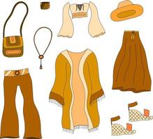 Vektor-Doodle-Illustration-Set mit Boho-Frauen-Kleidung. Mode-Cliparts im Boho-Stil. böhmische Outfits. vektor