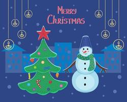 Geschenkkarte Frohe Weihnachten, Schneemann, Weihnachtsbaum, Bannerdesign. Illustrationen für den Druck, Hintergründe, Cover, Verpackungen, Grußkarten, Poster, Textilien. isoliert auf weißem Hintergrund. vektor