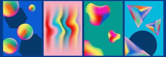 buntes abstraktes geometrisches Kartenset mit farbiger Flüssigkeit, geometrischer Zusammensetzung - Kreis, Sechseck, ungleichmäßige Form, Hintergründe, Poster. vektor