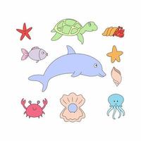 ein Set mit Meereslebewesen. Schildkröte, Seestern und Fisch. Sammlung von Elementen für ein Kinderbuch. Vektorillustration im Doodle-Stil. vektor