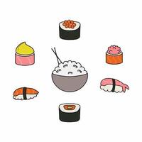 Set mit Sushi und Brötchen. traditionelles japanisches Essen. Reis und Stäbchen. Sammlung von Symbolen für das Restaurant. Vektor-Illustration im Doodle-Stil. vektor