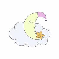 der Mond und der Stern schlafen auf einer Wolke. Vektorgrafik im Doodle-Stil für Kinder. vektor