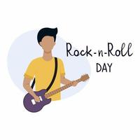 die Welt des Rock'n'Roll des Tages. ein Mann mit einer E-Gitarre. Schriftzug-Hand-Schriftzug-Stil. Vektorgrafik des Gitarristen für den Urlaub am 13. April. vektor