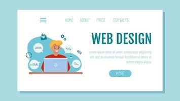 webbmastern sitter vid datorn och programmerar. mall för en webbplats eller målsida. begreppet distansarbete. vektor