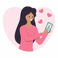 Ein verliebtes Mädchen schickt eine SMS über ihr Smartphone. Vektor-Illustration zum Thema virtuelle Liebe. Zeichnung für eine Dating-Site. vektor