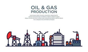 platt vektorillustration av olje- och gastillverkningsanläggning. lämplig för designelement av kraft- och energifabrik, olje- och gasraffinaderiprocess och petrokemisk industri. vektor