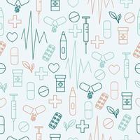 medicinsk kontur seamless mönster med piller, spruta, hjärta. vektor illustration på grön bakgrund