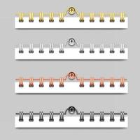en uppsättning fjädrar i olika färger för anteckningsböcker och kalendrar. spiralpärmar för pappersark. 3d realistisk mockup. isolerad på grå bakgrund, vektorillustration. vektor