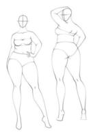 plus size 10 huvuden modefigurmallar. överdriven croquis för modedesign och illustration. vektor illustration