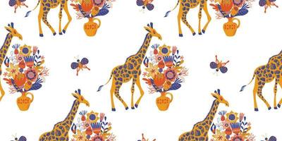 nahtloses Muster auf weißem Hintergrund. Giraffen und Blumen. vektor