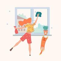 husstädning. vektor illustration på en ljus bakgrund. flickan tvättar fönstret. röd katt klättrar på fönsterbrädan.