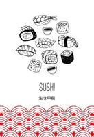 uppsättning av handritad olika japansk sushi och rullar. vektor illustration. hieroglyfen betyder meningen med livet.