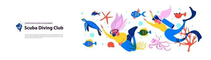dykning. extrem sport. undervattenssim. flickdykare och exotiska fiskar och undervattensvärld. vektor illustration.