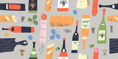 nahtloses Muster von Weinflaschen, Korken, Gläsern und Lebensmitteln. Vektor-Illustration. vektor