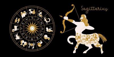 Sternzeichen Schütze. Horoskop und Astrologie. volles Horoskop im Kreis. Horoskop-Rad-Tierkreis mit zwölf Zeichen Vektor. vektor