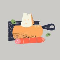 Stillleben. Leben Malerei. Brot, Salami, Käse auf einem schwarzen Schneidebrett. Vektor-Illustration. vektor
