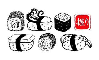 uppsättning av handritad olika japansk sushi och rullar. den japanska karaktären betyder sushi. vektor illustration.