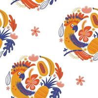 exotiska sömlösa mönster. kakadua papegojor och ljusa tropiska blommor och frukter. vektor illustration.