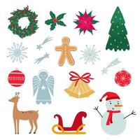 Weihnachtsschmuck Set Vektor-Illustration. Sammlung von Symbolen für Winterferien. Designelemente für Weihnachtsaufkleber, Karten, Poster. vektor