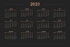 2023 kalender för anteckningsbok för personlig planerare, guld på svart lyxig stil. horisontellt liggande format. veckan börjar på söndag vektor