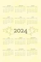 2024 kalender i delikat naturlig trendig stil dekorerad med botaniska blommiga handritade grenblad. vertikalt format. ljus pastellgrön färg. veckan börjar på söndag. vektor