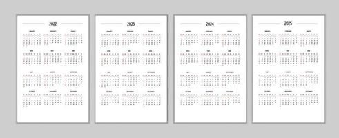 2022 2023 2024 2025 Kalenderset im klassischen, strengen minimalistischen Stil. Monatskalender Minimalismus Design vektor