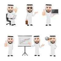 arabisk affärsman teckenuppsättning med laptop, presentation diagram vektor