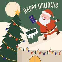 Cartoon Weihnachtsmann auf dem Dach des Hauses wirft ein Geschenk für Kinder in den Schornstein. Postkarte oder Poster mit Urlaubsgrüßen vektor