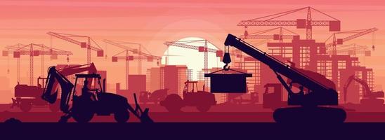 panoramavy av tunga maskiner av grävmaskin, jordkomprimator, hjulgrävare, betongbil, hammargrävare och teleskopkran för byggnadskonstruktion