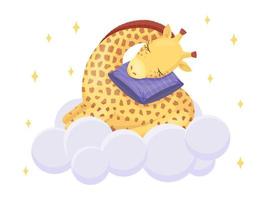 süße Giraffe schläft auf Wolke mit weichem Kissen. Kawaii-Charakter. Vektor-Kinder-Illustration. isoliert auf weiß. vektor