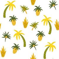 palmer och blad abstrakta sömlösa mönster. tropiska växter hand rita bakgrund. beach coconut tree tapeter, afrikansk skog textil, omslagspapper print design. vektor illustration.