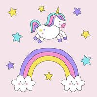 süße Cartoon-Einhorn-Karte mit Regenbogen und Sternen. vektor