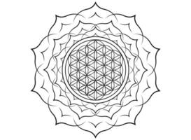 Blume des Lebens, Yantra Mandala in der Lotusblume, heilige Geometrie. Schwarzes Tattoo-Symbol für Harmonie und Ausgeglichenheit. mystischer Talisman, Vektor isoliert auf weißem Hintergrund