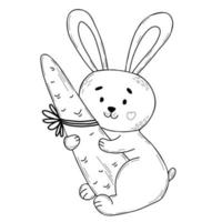 söt kanin med stor morot. vektor illustration i handritad doodle stil