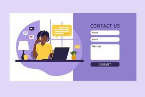 Kontaktieren Sie uns Formularvorlage für das Web. Afrikanischer weiblicher Kundendienstmitarbeiter mit Headset im Gespräch mit dem Kunden. Landingpage bzw. Online-Kundensupport. Illustration. Vektor. vektor