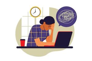 kvinna i depression med förvirrade tankar i sinnet. ung ledsen flicka sitter vid laptop. vektor illustration. platt.