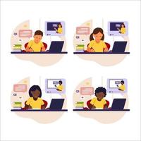 Online-Lernkonzept. verschiedene Kinder sitzen hinter dem Schreibtisch und lernen online mit seinem Computer. Vektor-Illustration. flacher Stil. vektor